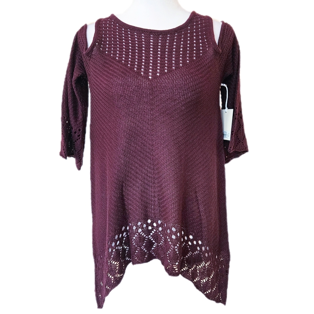 Lauren Conrad Cold Shoulder Knit Sweater Top Women's Small Flare Sleeve Crochet
